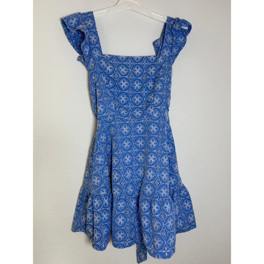 SHEIN Blue Eyelet Mini Dress Ruffle Sleeve Tie Back Cutout Floral XS 2‎